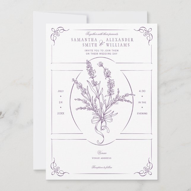 Invitación Chinoiserie Lavender Bouquet Boda victoriano (Anverso)