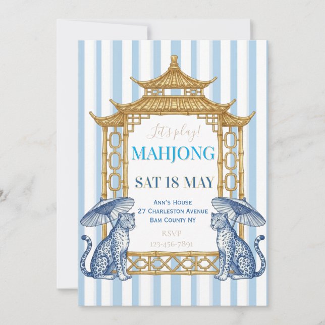 Invitación Chinoiserie Mahjong Party Blue  (Anverso)