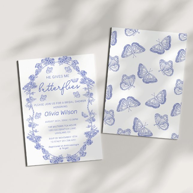 Invitación Chinoiserie Me Da Butterflies Bridal Shower (Whimsical He Gives Me Blue Chinoiserie Butterflies Bridal Shower)