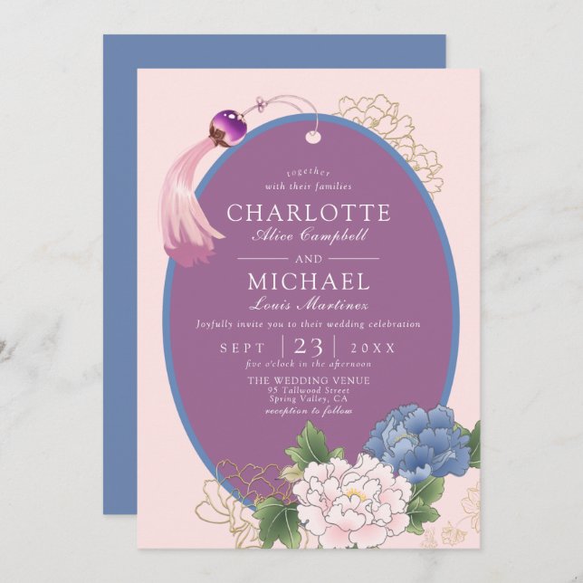 Invitación Chinoiserie morada rosa azul Peony Tassel Boda (Anverso / Reverso)