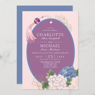 Invitación Chinoiserie morada rosa azul Peony Tassel Boda