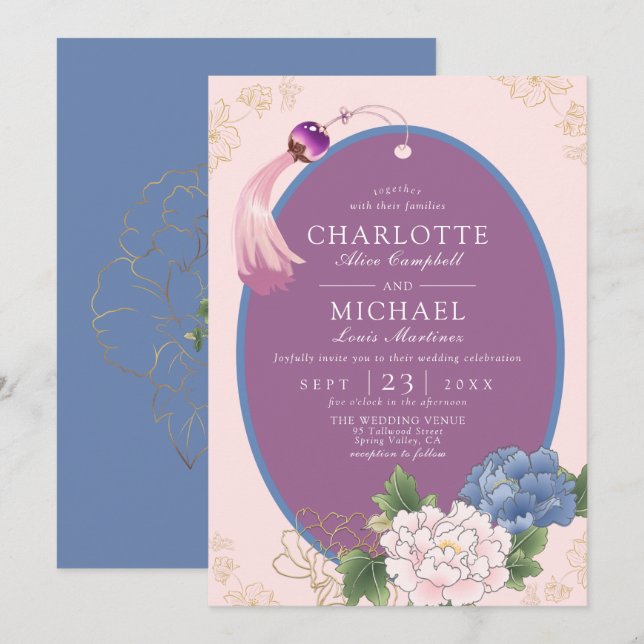 Invitación Chinoiserie morada rosa azul Peony Tassel Boda (Anverso / Reverso)