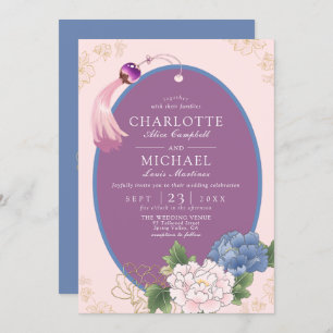 Invitación Chinoiserie morada rosa azul Peony Tassel Boda