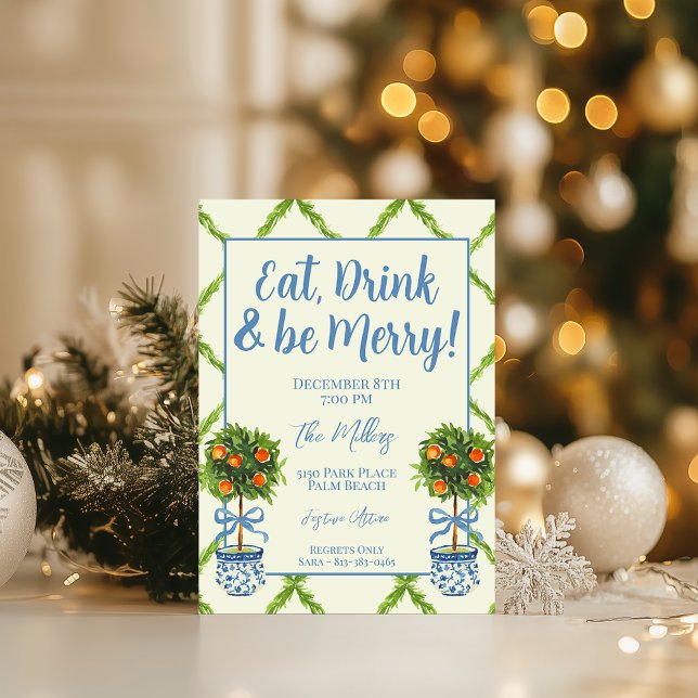 Invitación Chinoiserie Naranja Citrus Topiary Navidades Fiest (Subido por el creador)