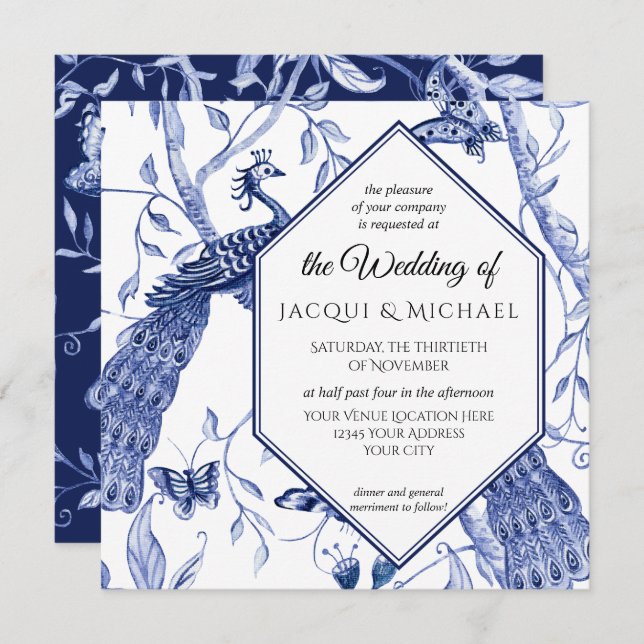 Invitación Chinoiserie Navy Blue Peacock Butterfly Hexagon (Anverso / Reverso)
