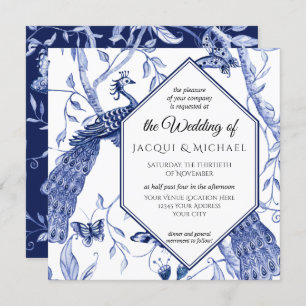 Invitación Chinoiserie Navy Blue Peacock Butterfly Hexagon