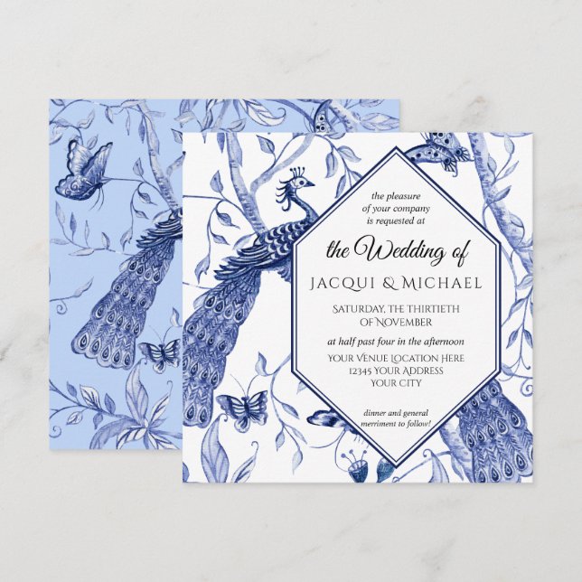 Invitación Chinoiserie Navy Blue Peacock Butterfly Hexagon (Anverso / Reverso)