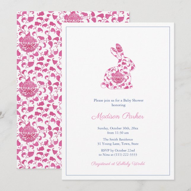Invitación Chinoiserie Pink Bunny Baby Shower (Anverso / Reverso)