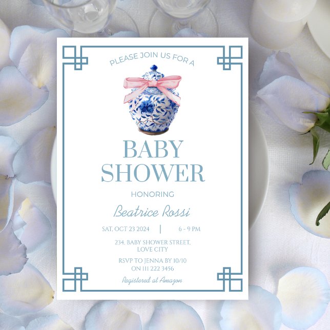 Invitación Chinoiserie Preppy Ginger Jar Baby Shower Asiático (Chinoiserie Preppy Ginger Jar Asian Baby Shower Invitation)