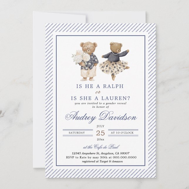 Invitación Chinoiserie Preppy Ralph Polo Bear Gender Reveal  (Anverso)