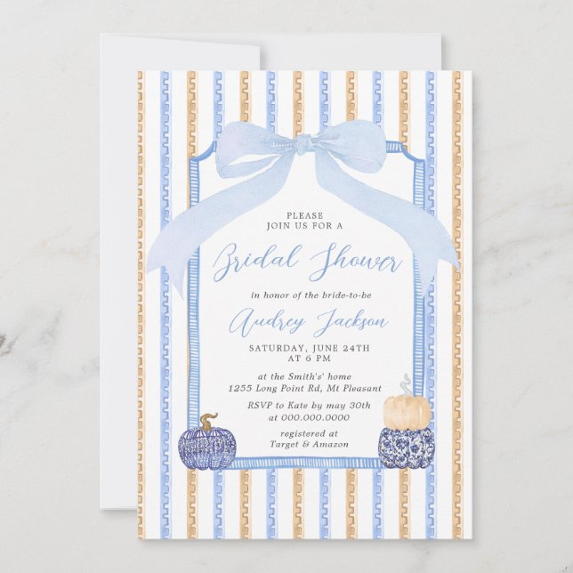 Invitación Chinoiserie Pumpkin & Blue Bow Fall Bridal Shower (Anverso)