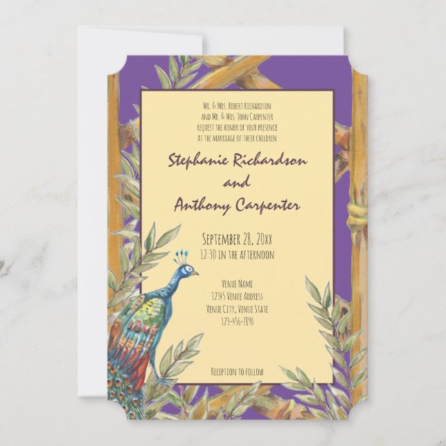Invitación Chinoiserie Purple Peacock Watercolor Boda (Anverso)