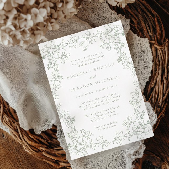 Invitación Chinoiserie romántica Boda de edad verde antiguo S (Subido por el creador)