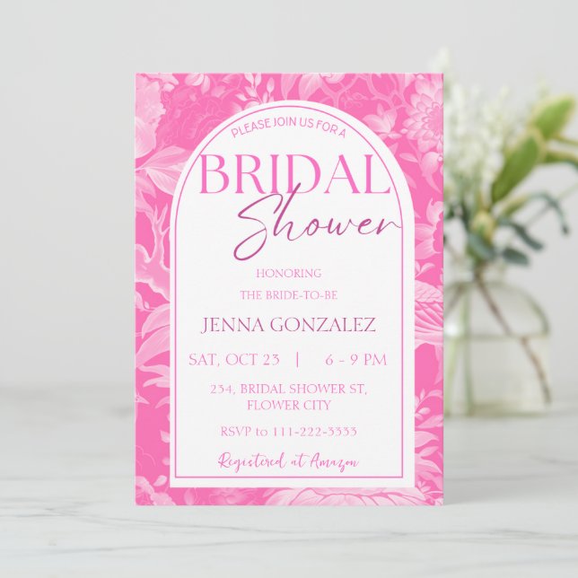 Invitación Chinoiserie rosa caliente Floral Peony Bridal Show (Anverso de pie)