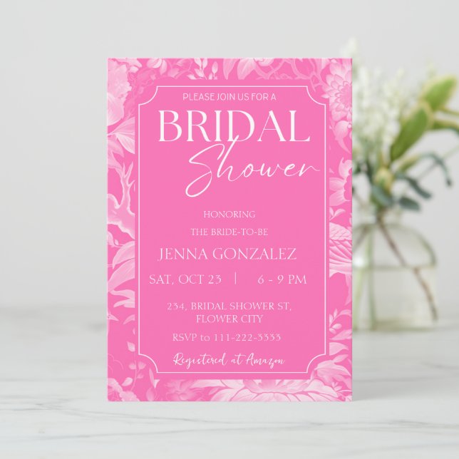 Invitación Chinoiserie rosa caliente Floral Peony Bridal Show (Anverso de pie)