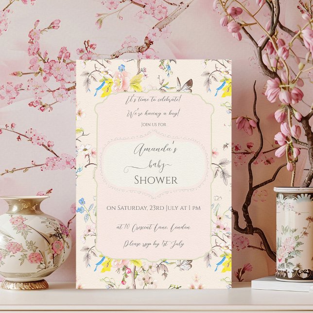 Invitación Chinoiserie rosa Floral Baby Shower (Subido por el creador)