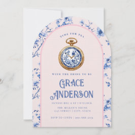 Invitación Chinoiserie rosa y azul Pocket Watch Tea