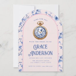 Invitación Chinoiserie rosa y azul Pocket Watch Tea