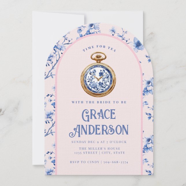 Invitación Chinoiserie rosa y azul Pocket Watch Tea (Anverso)