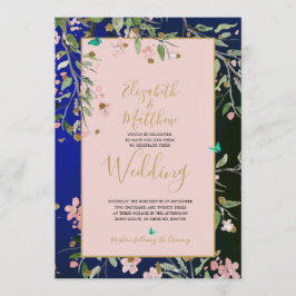 Invitación Chinoiserie rosa y dorada elegante azul de la Mari