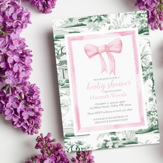 Invitación Chinoiserie rosa y verde con edición trasera (Subido por el creador)
