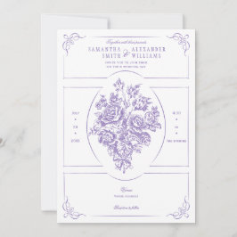 Invitación Chinoiserie Rosas morados Bouquet Boda victoriano