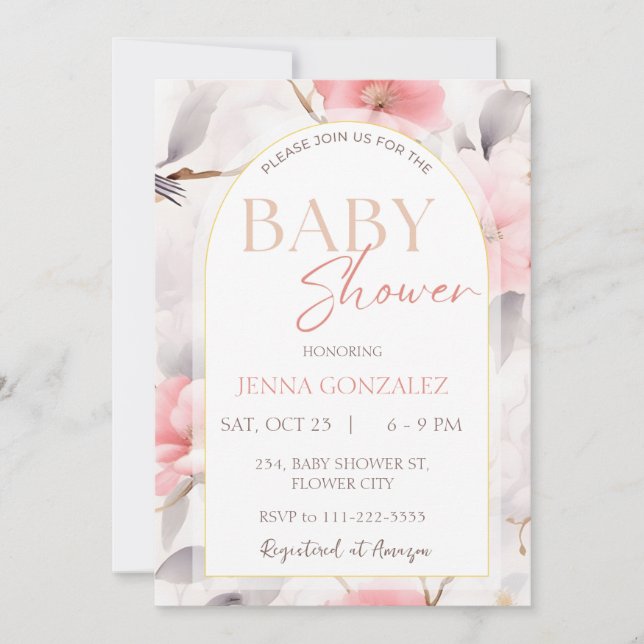 Invitación Chinoiserie Rubor Chica Floral Baby Shower (Anverso)
