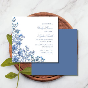 Invitación Chinoiserie Toile Azul Fiesta de Bebé Vintage Flor