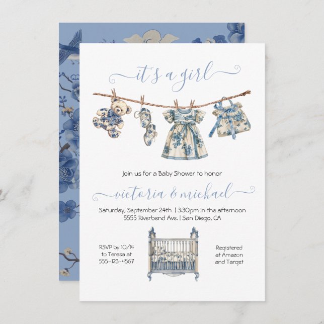 Invitación Chinoiserie Toile Clothesline Baby Shower Chica (Anverso / Reverso)