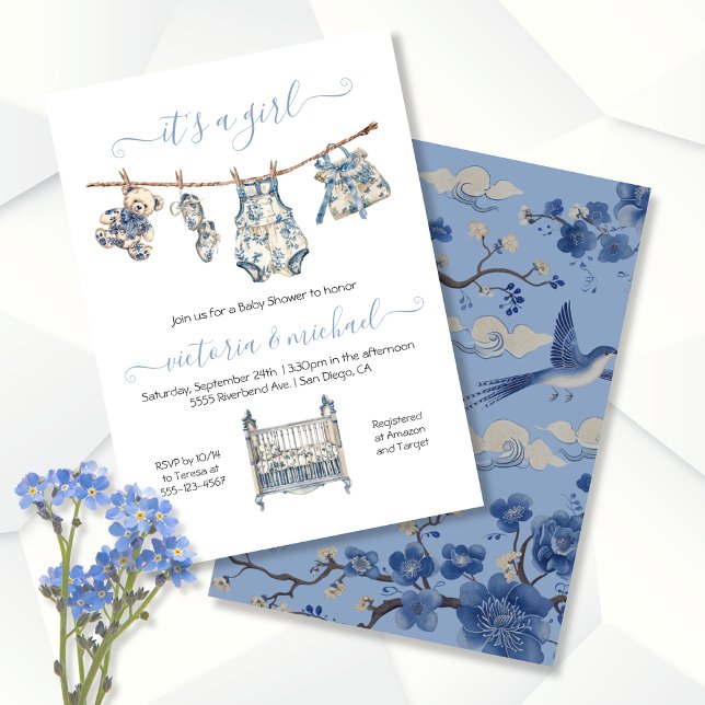 Invitación Chinoiserie Toile Clothesline Baby Shower Chica (Subido por el creador)