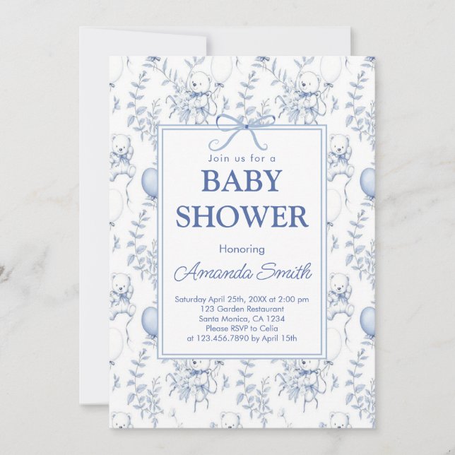 Invitación Chinoiserie Toile de Jouy ducha de bebé azul (Anverso)