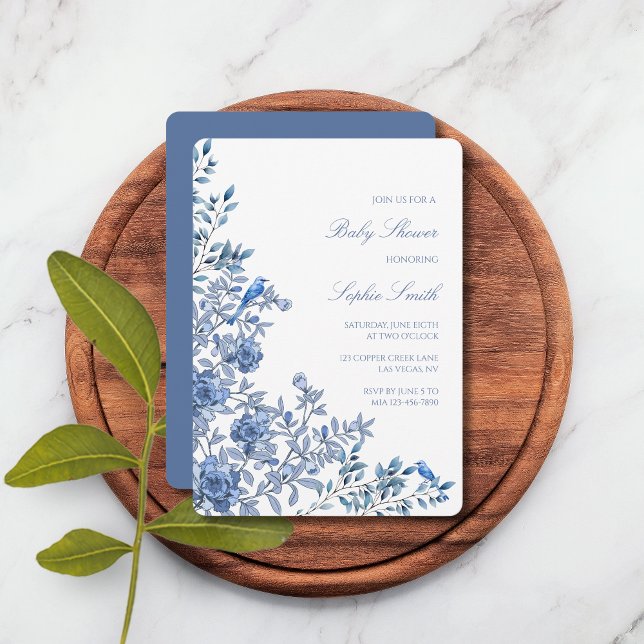 Invitación Chinoiserie Toile Dusty Blue Floral Baby Shower (Subido por el creador)