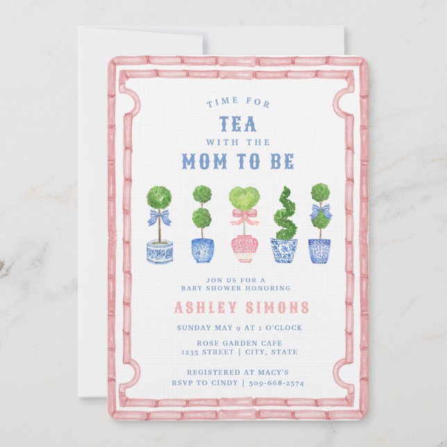 Invitación Chinoiserie Topiary Baby Shower | Fiesta de té ros (Anverso)