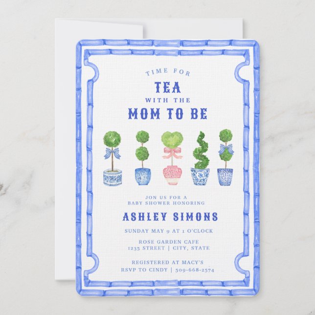 Invitación Chinoiserie Topiary Baby Shower | Tea Fiesta Invit (Anverso)