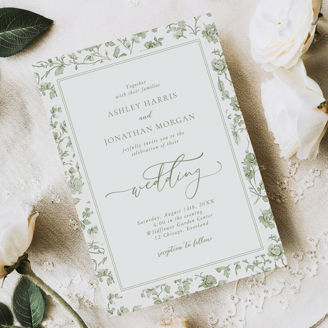 Invitación Chinoiserie verde salada en un solo Boda (Subido por el creador)