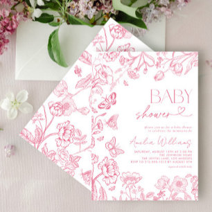 Invitación Chinoiserie Vintage Floral Guión rosa Baby Shower