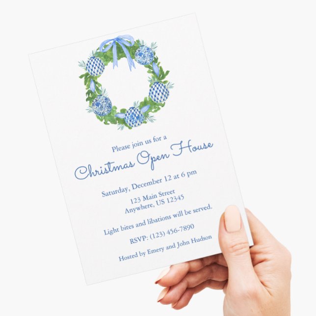 Invitación Chinoiserie Watercolor Blue Navidades Wreath (Subido por el creador)