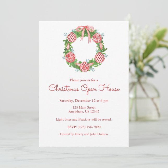 Invitación Chinoiserie Watercolor Red Navidad Wreath (Anverso de pie)