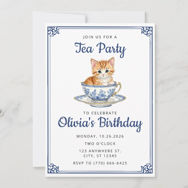 Invitación Chinoserie Kitten Watercolor Tea Fiesta Cumpleaños (Anverso)