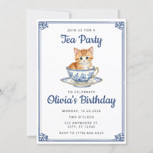 Invitación Chinoserie Kitten Watercolor Tea Fiesta Cumpleaños