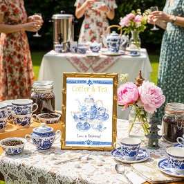 Invitación Chinosierie blue Coffee & Tea Love is Brewing Sign