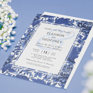 Invitación Chintz floral de casamiento blanco y azul