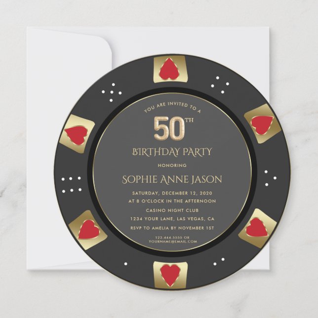 Invitación Chip de lujo Vegas Gold Poker 50 cumpleaños (Anverso)
