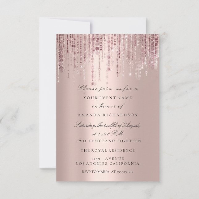 Invitación Chispa Brillo Gotas Rosa Marsala Despedida de Solt (Anverso)
