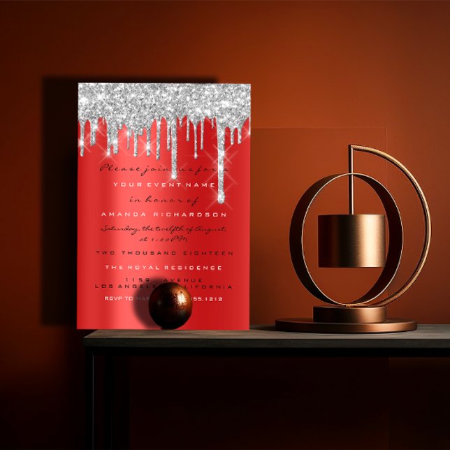 Invitación Chispa Brillo Goteo Plata Rojo Gris  Nupcial 16º (Spark Glitter Drip Silver Red Gray Bridal 16th Invitation)