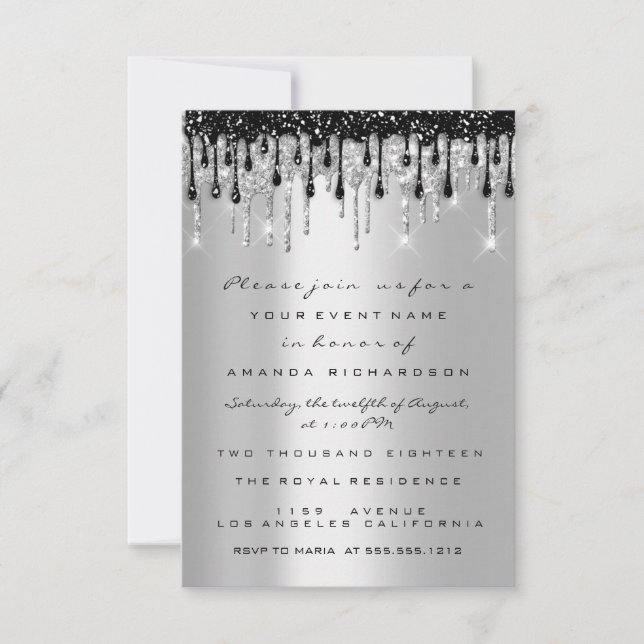 Invitación Chispa Brillo Plata Negro Goteo Nupcial Cumpleaños (Anverso)
