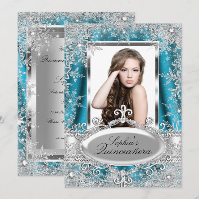 Invitación Chispa de plata verde azulada Jewel Snowflake Quin (Anverso / Reverso)