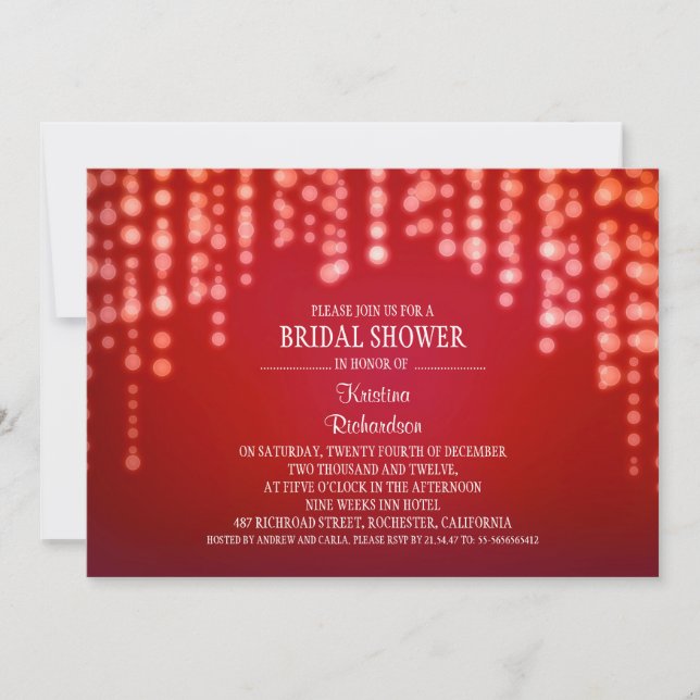 Invitación chispa de purpurina brillante luces de novia roja (Anverso)