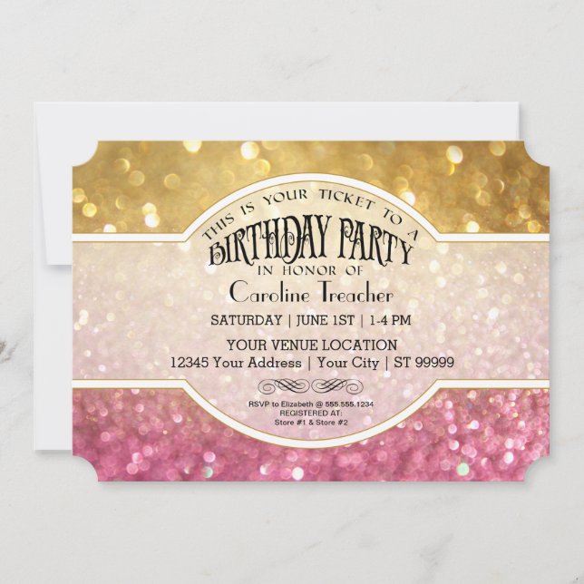 Invitación Chispa del rosa del estilo del boleto de la (Anverso)