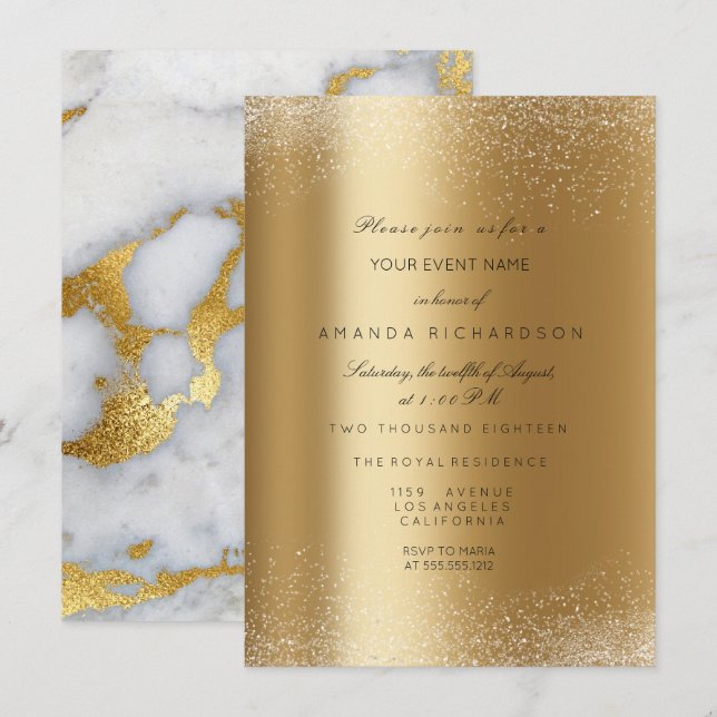 Invitación Chispa Dorado Metálico Purpurina Arena Formal Márm (Anverso / Reverso)